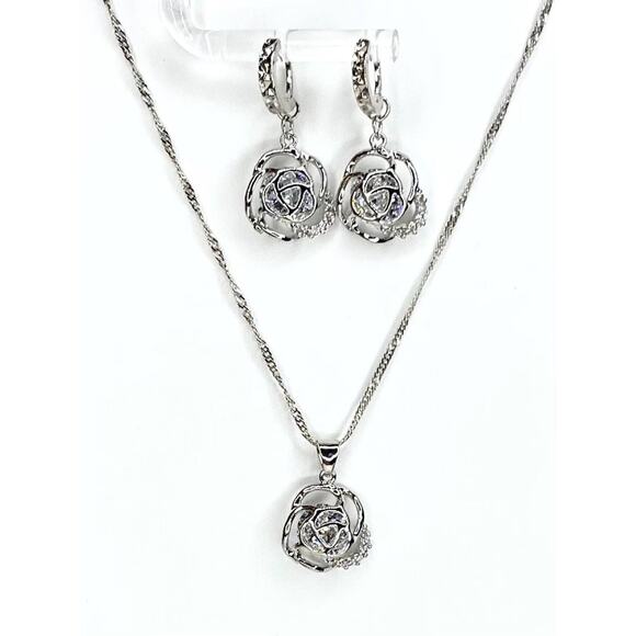 NEW Necklace Earrings Jewelry Set 925 Sterling Silver Rose Flower Lot M03 - Picture 1 of 8
